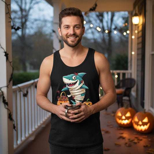 Mummy Shark Halloween shark Tank Top Black lifestyle mockup
