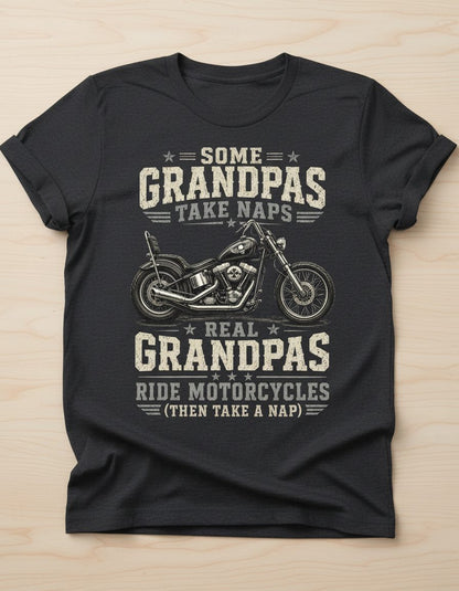 Some Grandpas Take Naps Real Grandpas Ride Motorcycles (then Take a Nap) Funny Biker T-Shirt - product mockup - Dark Heather