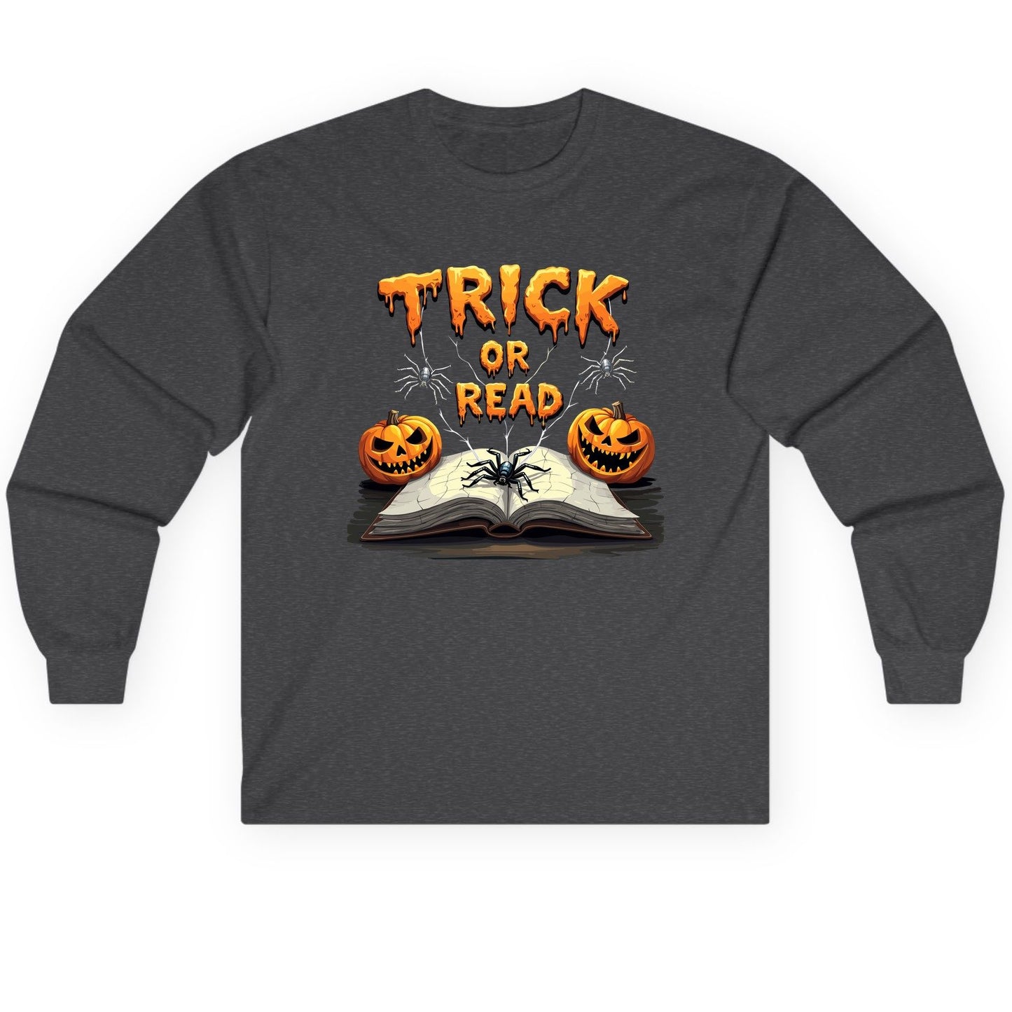 Trick or Read Halloween reading Long Sleeve Tee Dark Heather product mockup