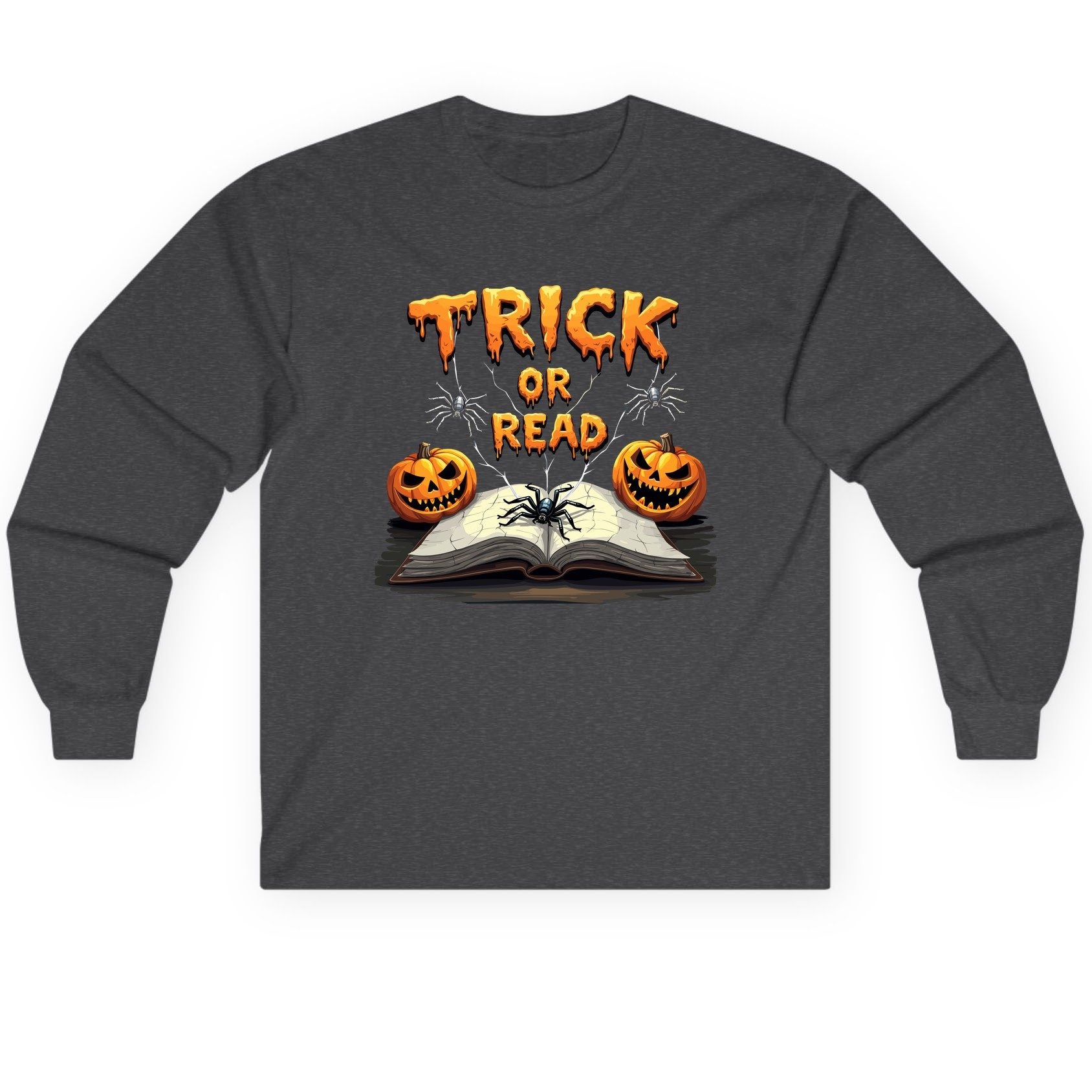 Trick or Read Halloween reading Long Sleeve Tee Dark Heather product mockup