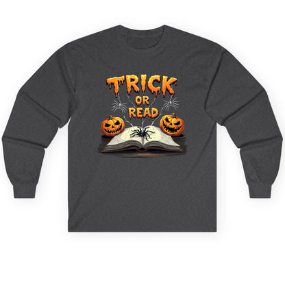 Trick or Read Halloween reading Long Sleeve Tee Dark Heather product mockup