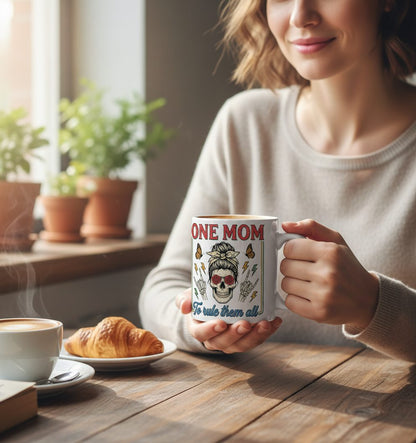 ONE MOM to Rule Them All Funny Skull White Mug - lifestyle model mockup - White