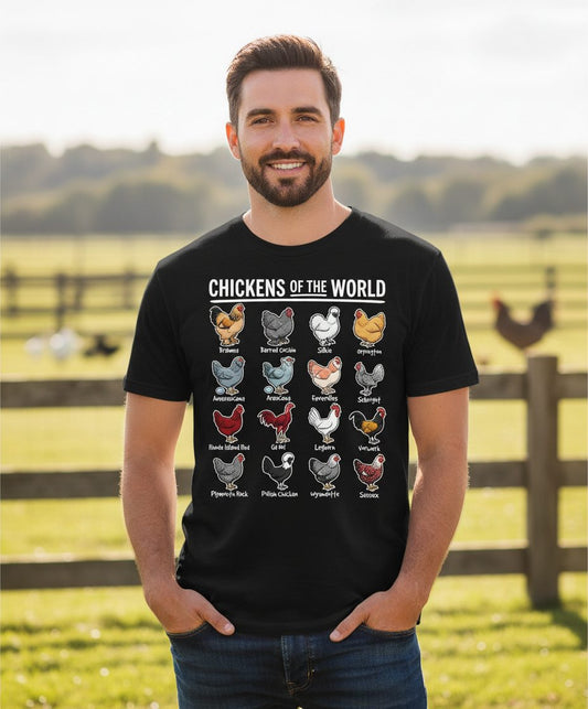 Chickens of the World chicken breeds T-Shirt Black lifestyle mockup