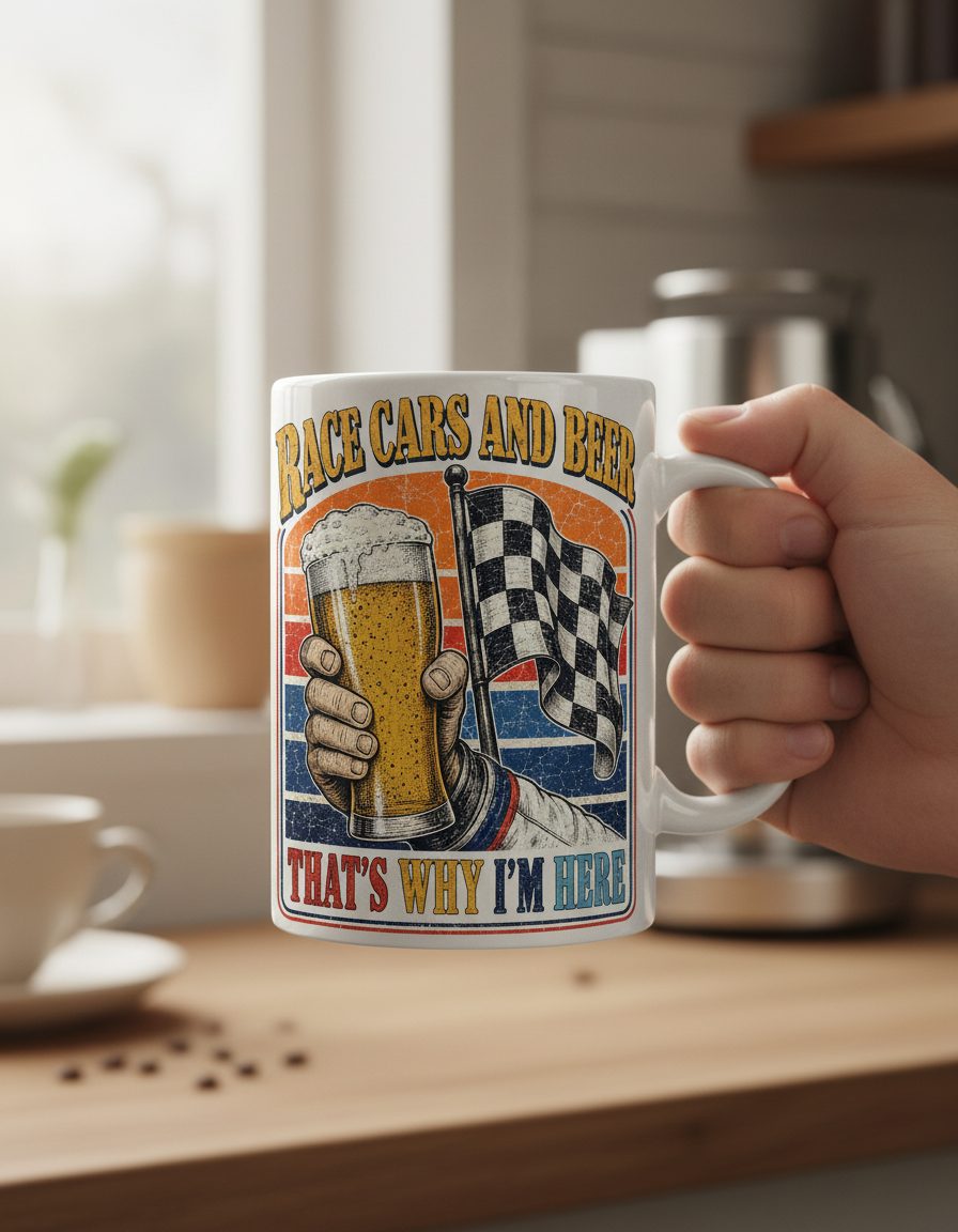 Race Cars and Beer That's Why I'm Here Funny Racing White Mug - lifestyle model mockup - White