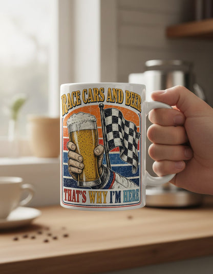 Race Cars and Beer That's Why I'm Here Funny Racing White Mug - lifestyle model mockup - White