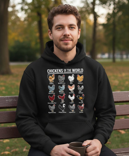Chickens of the World chicken breeds Hoodie Black lifestyle mockup