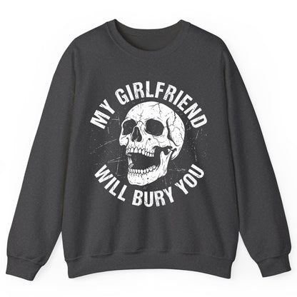 My Girlfriend Will Bury You skull Sweatshirt Dark Heather product mockup