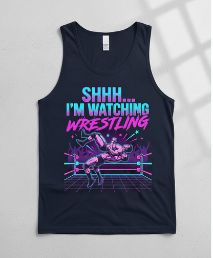 Shhh I'm Watching Wrestling Retro 80s Design Tank Top - Navy