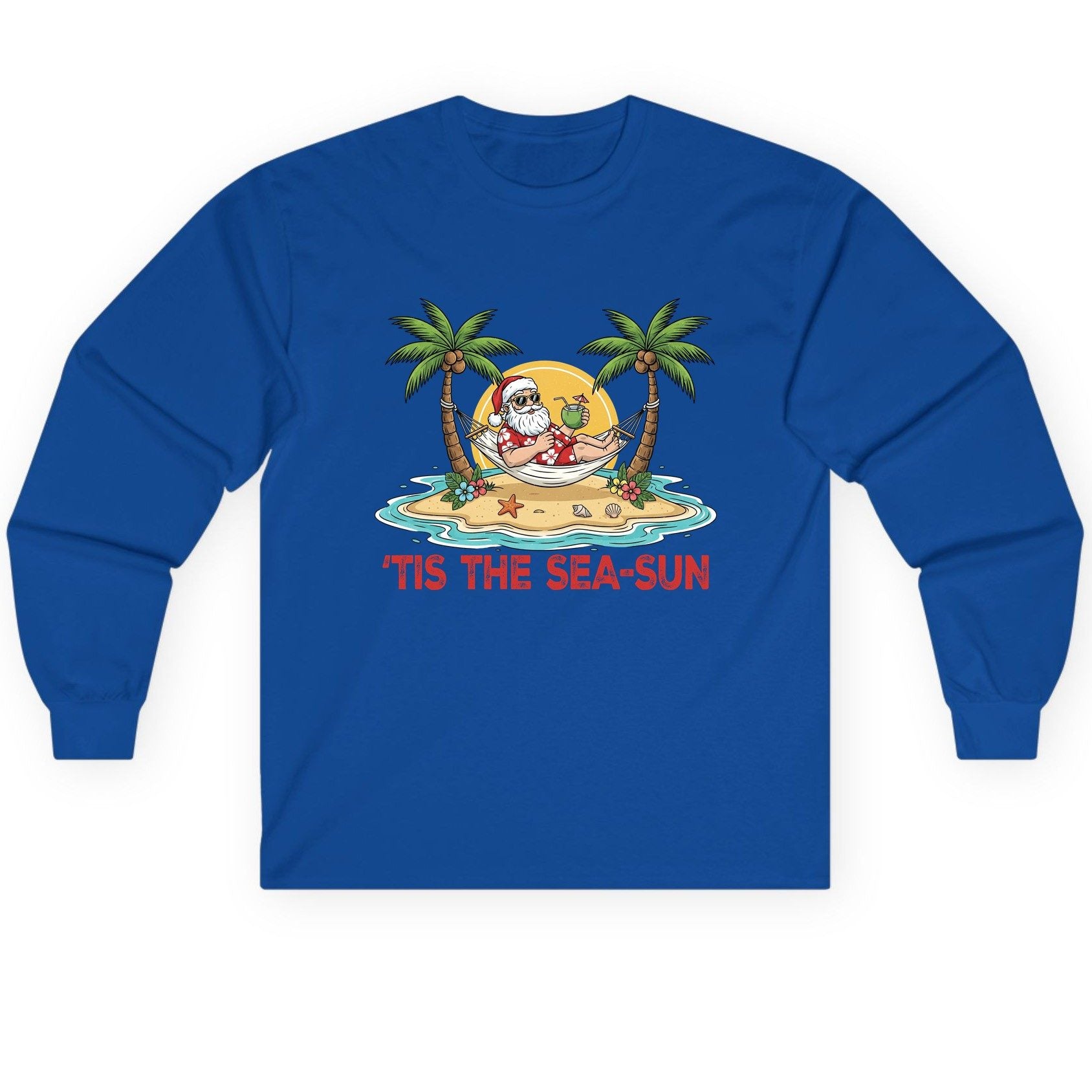 'Tis the Sea-Sun santa claus on a tropical vacation Long Sleeve Tee Royal product mockup