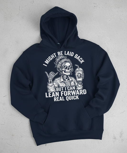 I Might Be Laid Back But I Can Lean Forward Skeleton with Messy Bun Hoodie - Navy