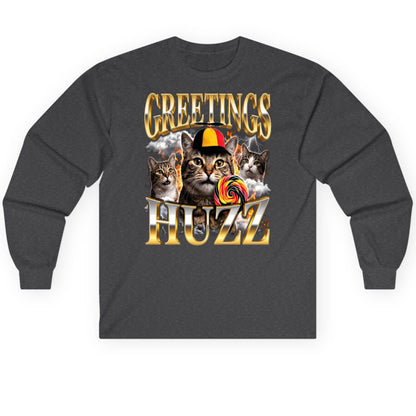 Greetings HUZZ Funny Cats Long Sleeve Tee - product mockup - Dark Heather