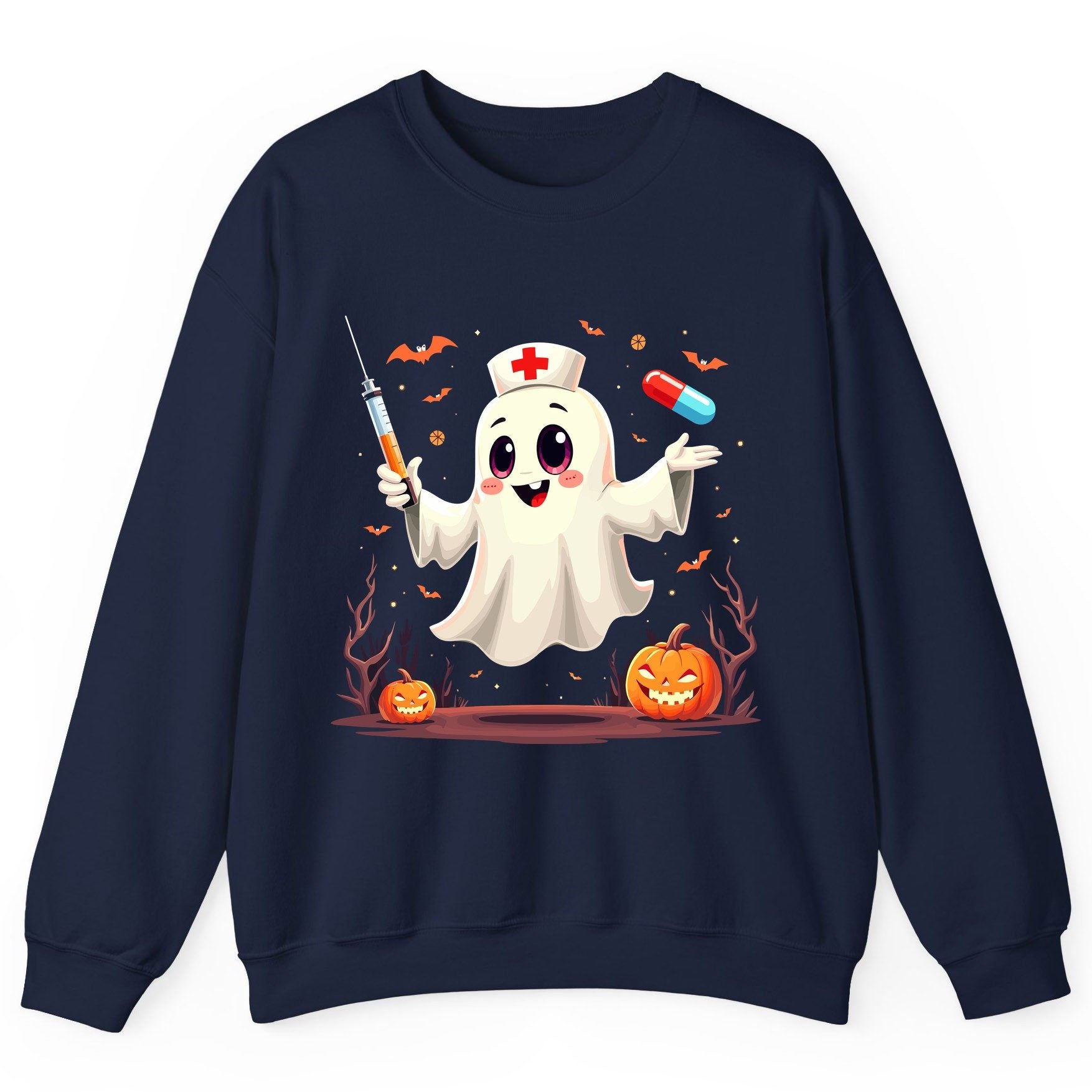 Cute Ghost Nurse Halloween ghost nurse Sweatshirt Navy product mockup