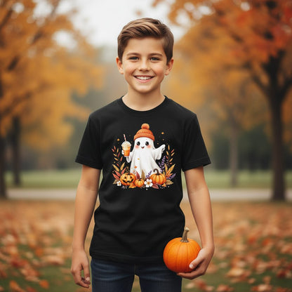 Cute Ghost Pumpkin Spice Latte cute Halloween ghost Youth T-Shirt Black lifestyle mockup