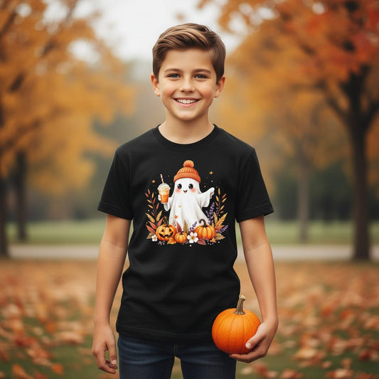 Cute Ghost Pumpkin Spice Latte cute Halloween ghost Youth T-Shirt Black lifestyle mockup