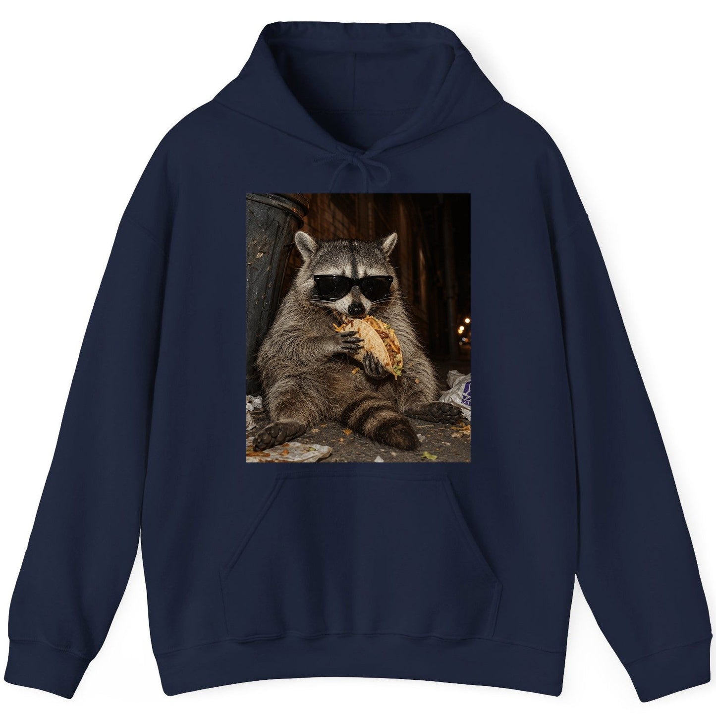 Raccoon Eating Taco Funny Animal Lovers Hoodie - product mockup - Navy