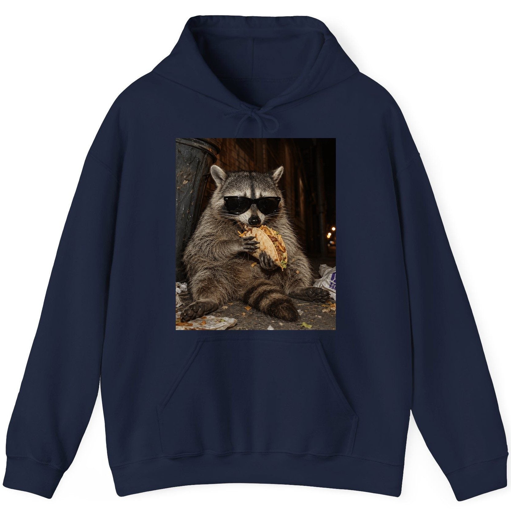 Raccoon Eating Taco Funny Animal Lovers Hoodie - product mockup - Navy