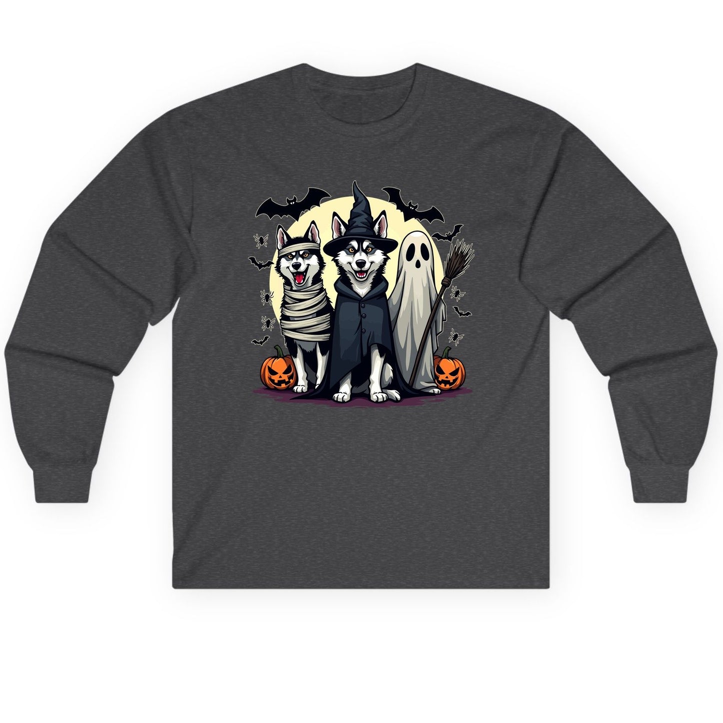 Halloween Huskies in Costumes Halloween huskies Long Sleeve Tee Dark Heather product mockup