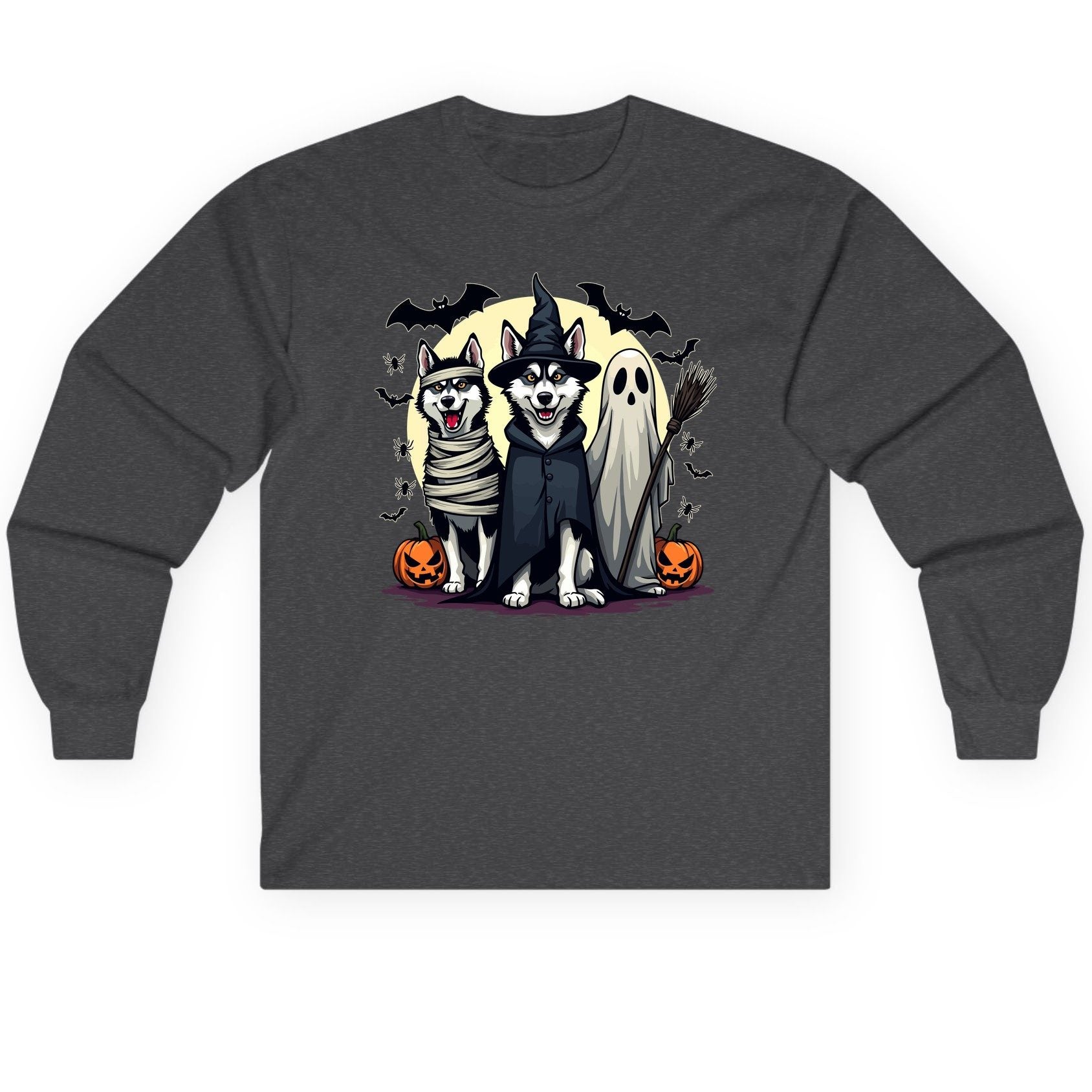 Halloween Huskies in Costumes Halloween huskies Long Sleeve Tee Dark Heather product mockup