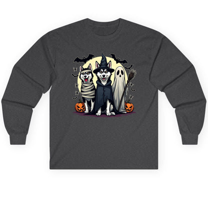 Halloween Huskies in Costumes Halloween huskies Long Sleeve Tee Dark Heather product mockup