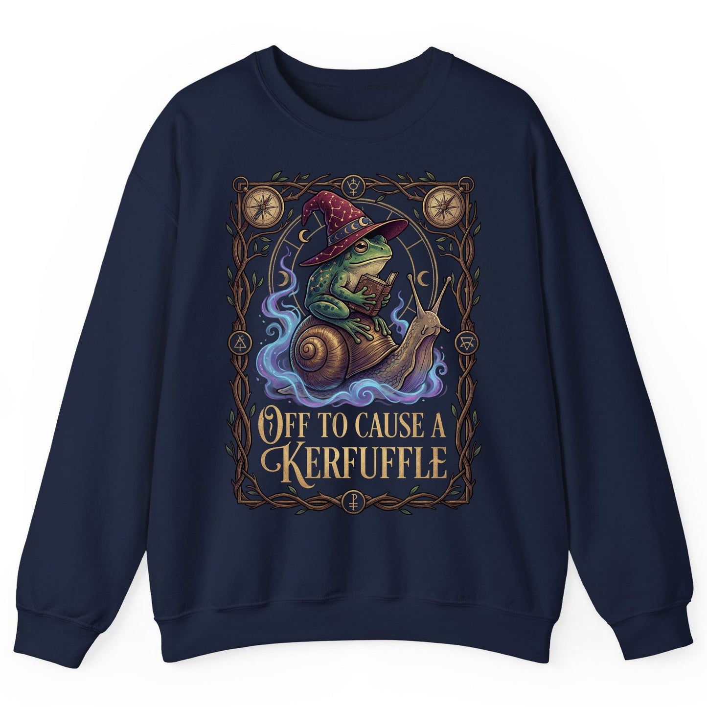 Off to Cause a Kerfuffle frog wizard Sweatshirt Navy product mockup