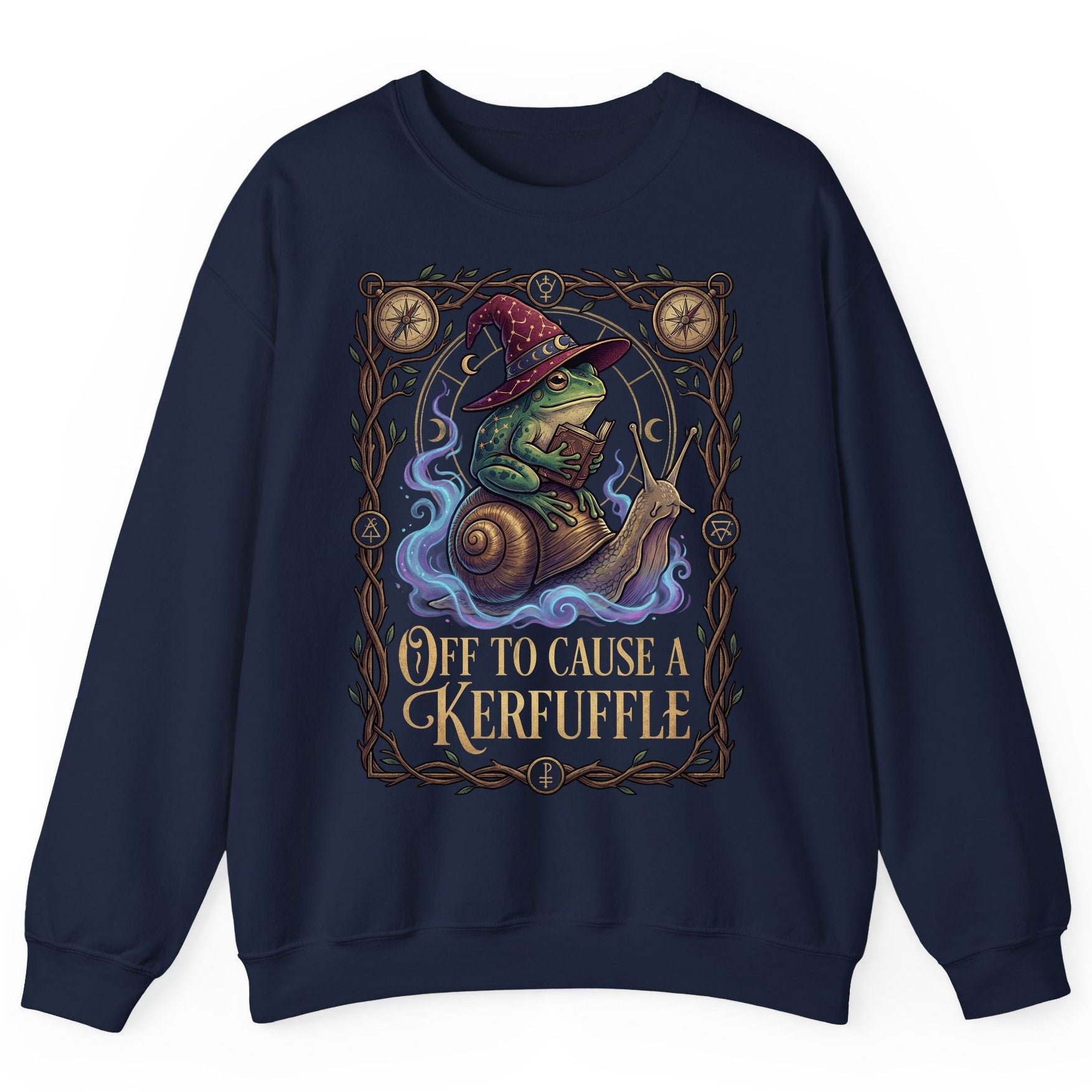 Off to Cause a Kerfuffle frog wizard Sweatshirt Navy product mockup