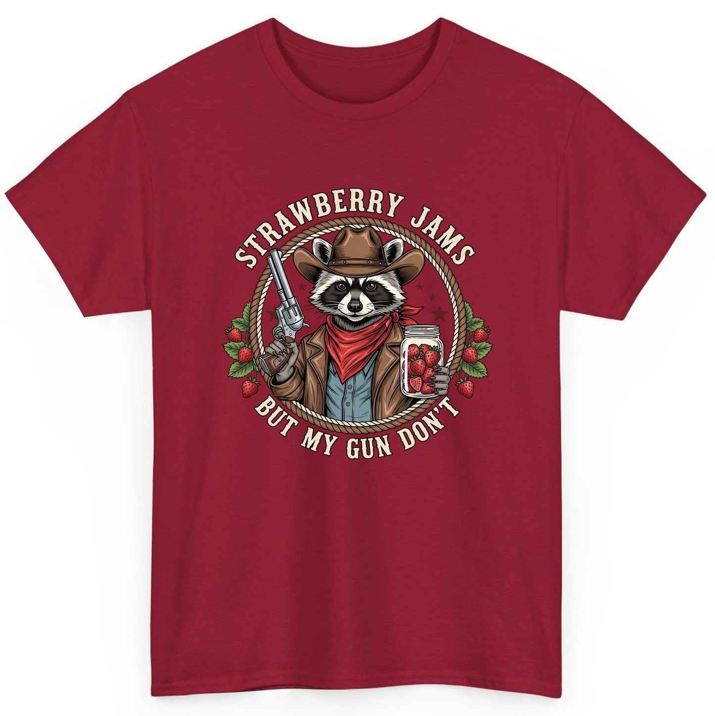 Strawberry Jams but My Gun Don't cowboy raccoon T-Shirt Cardinal Red product mockup