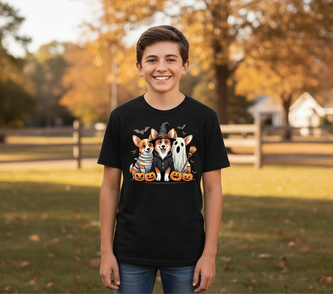 Halloween Corgi Trio Halloween corgis Youth T-Shirt Black lifestyle mockup
