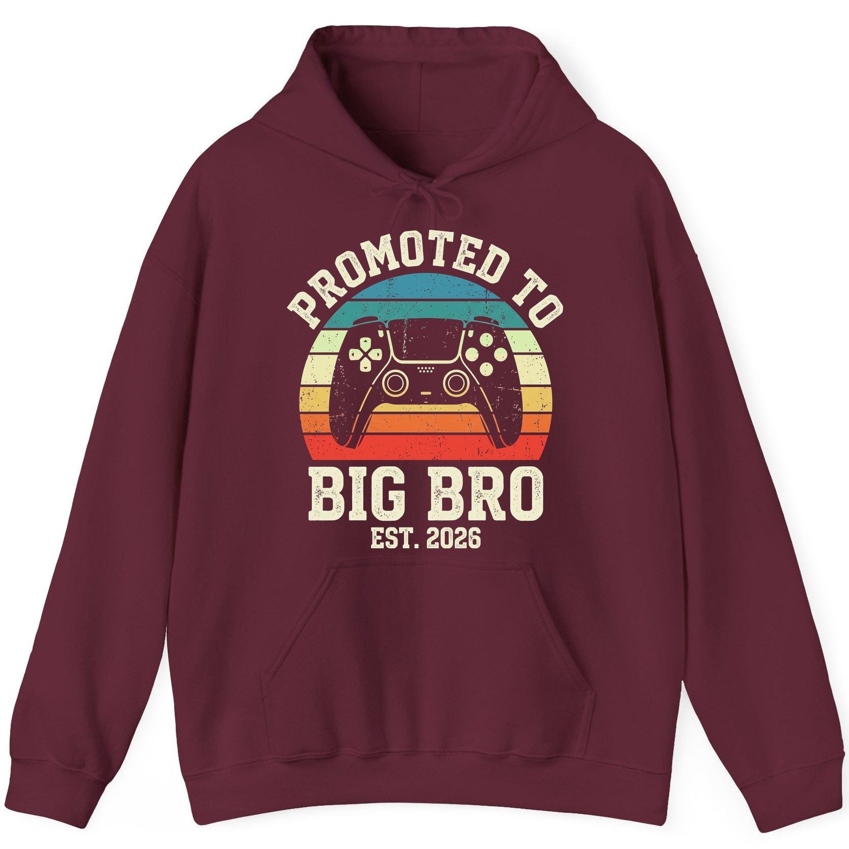 Promoted TO BIG BRO EST 2026 Retro Gaming Hoodie - product mockup - Maroon