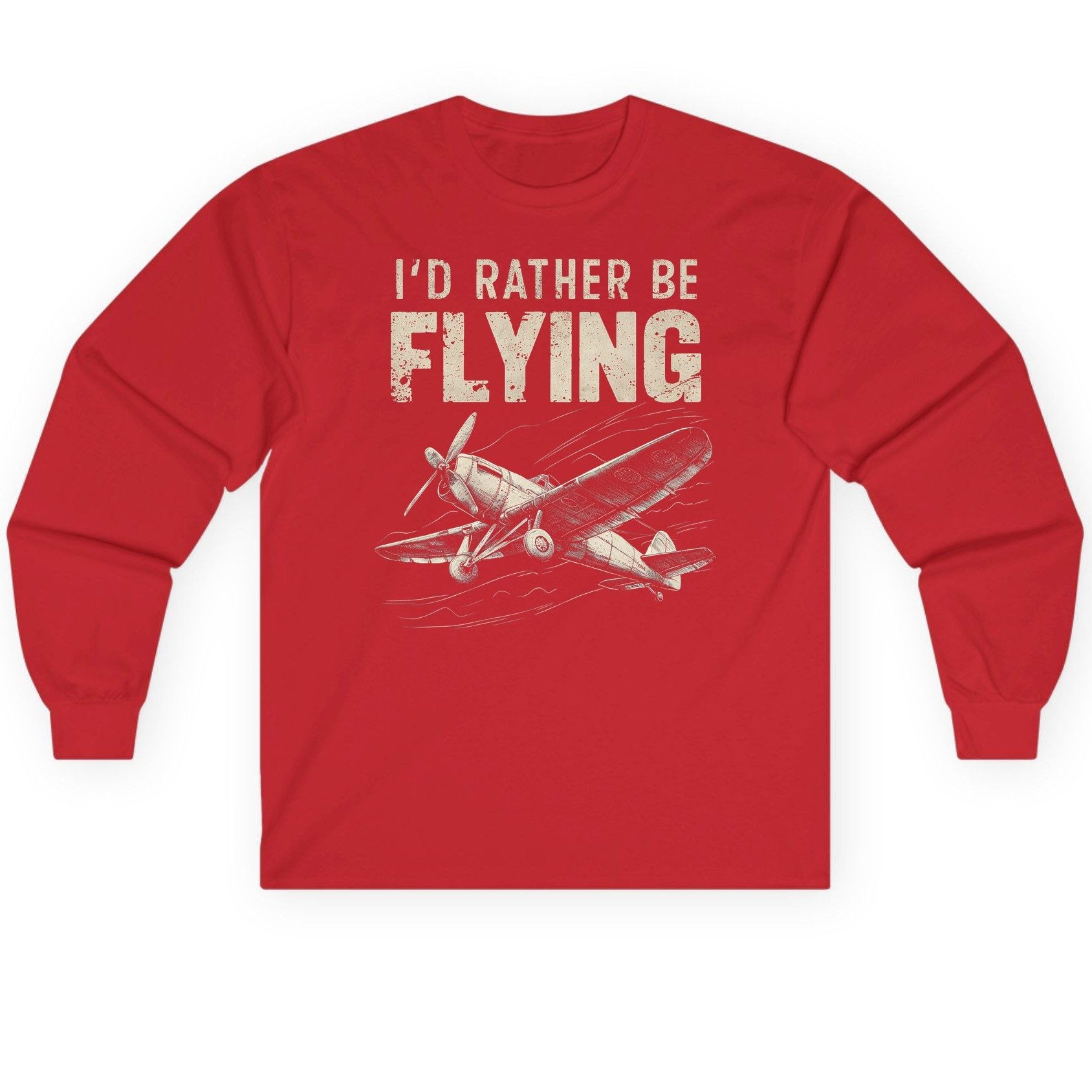I'd Rather Be Flying vintage propeller plane Long Sleeve Tee Red product mockup