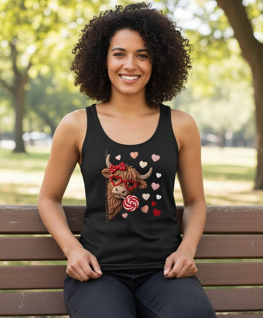 Crochet Valentine's Highland Cow highland cow Tank Top Black lifestyle mockup