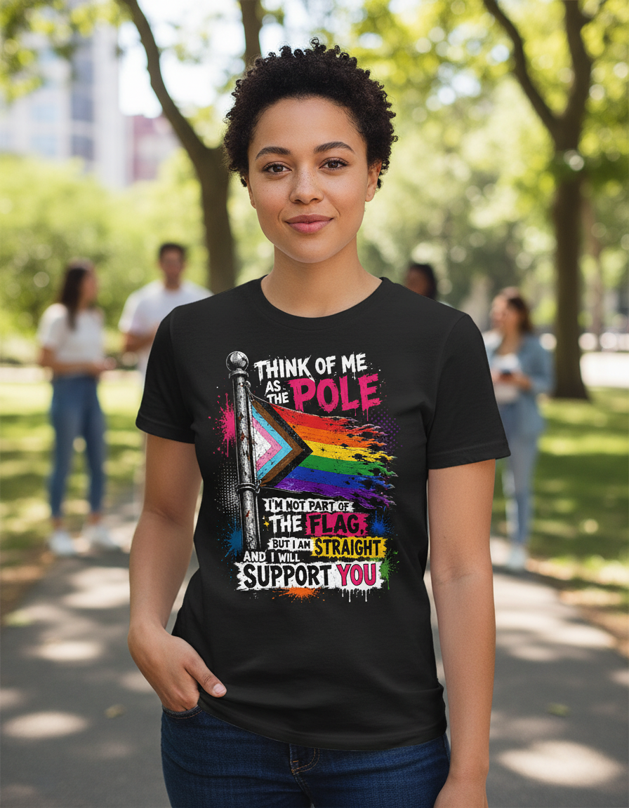 Straight Ally LGBTQ+ Support Pole and Flag T-Shirt - Black