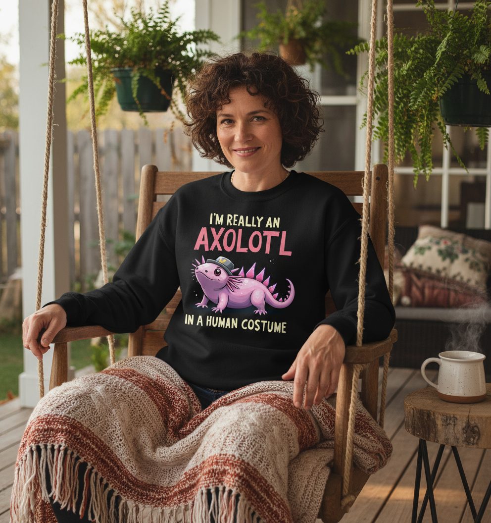 I'm Really an Axolotl in a Human Costume axolotl Sweatshirt Black lifestyle mockup