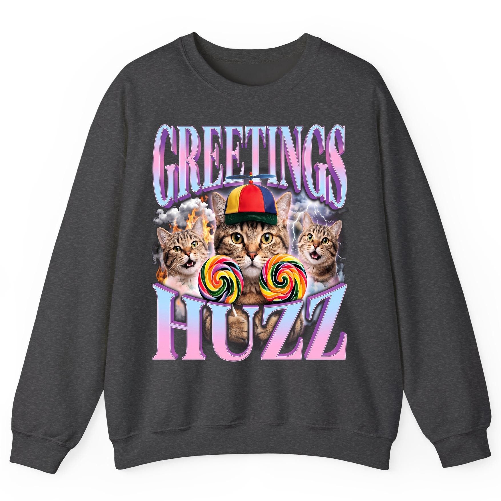 Greetings Huzz Funny Cats Sweatshirt - product mockup - Dark Heather