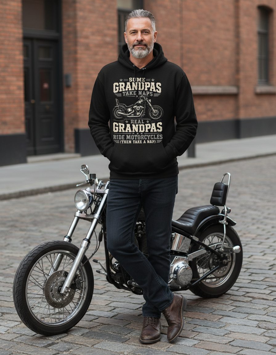 Some Grandpas Take Naps Real Grandpas Ride Motorcycles (then Take a Nap) Funny Biker Hoodie - lifestyle model mockup - Black