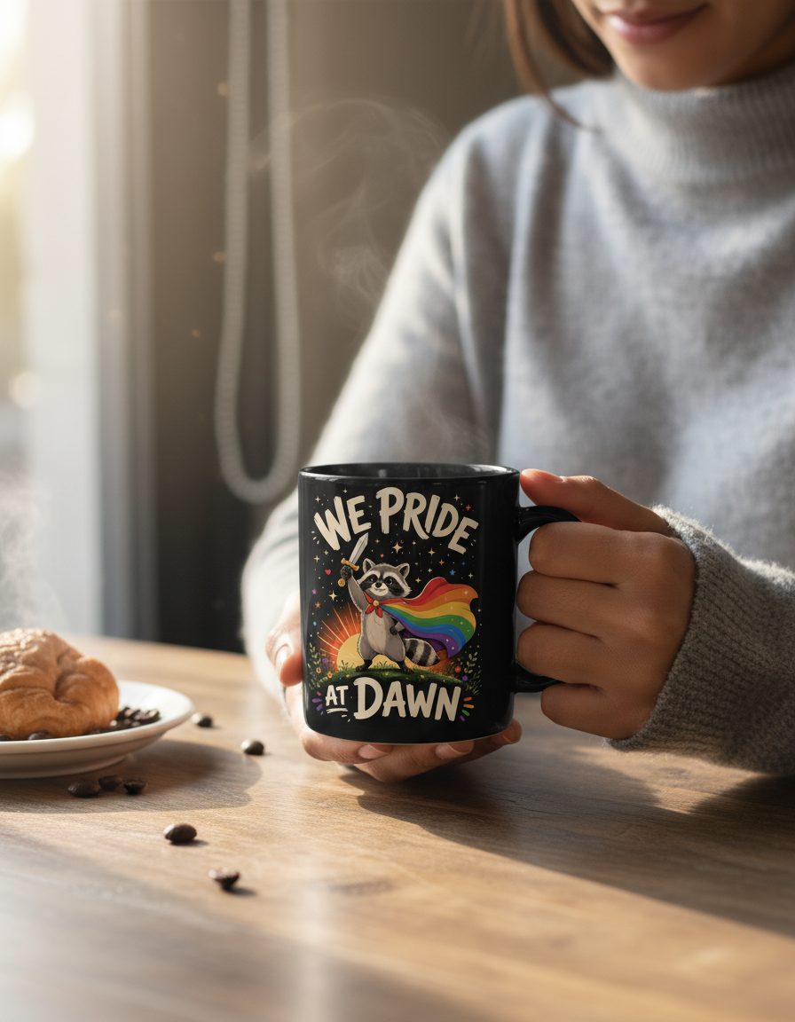 We Pride at Dawn Lgbtq Raccoon Black Mug - lifestyle model mockup - Black