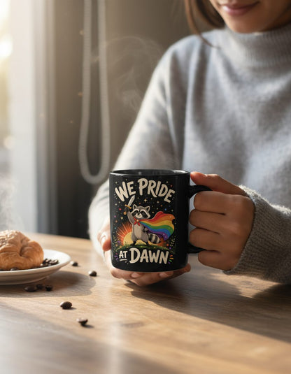 We Pride at Dawn Lgbtq Raccoon Black Mug - lifestyle model mockup - Black