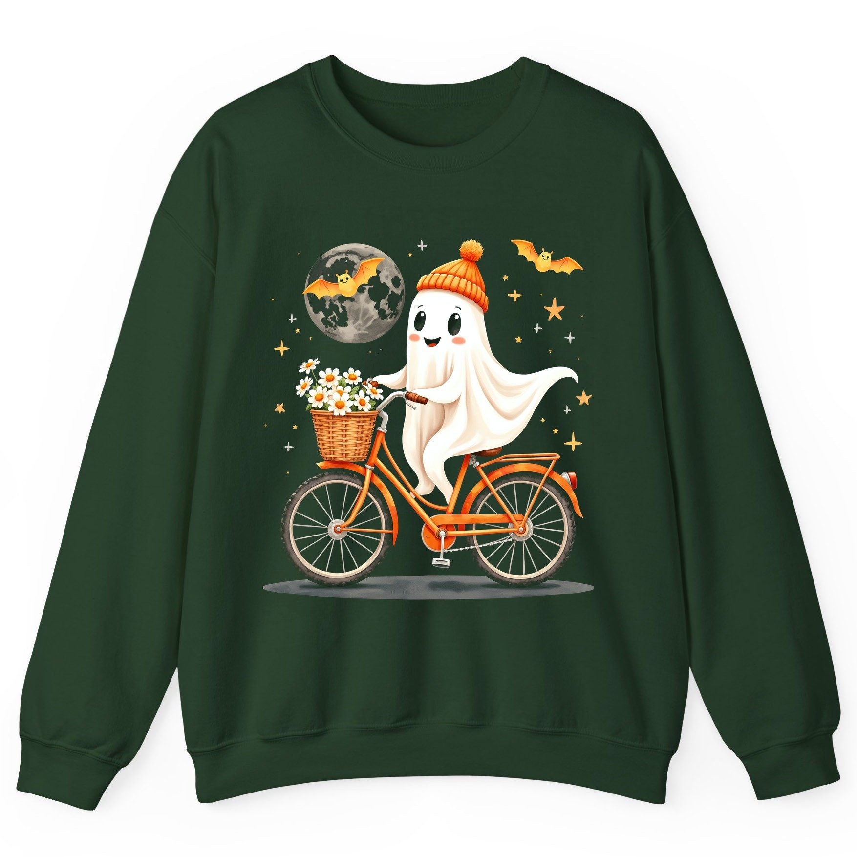 Cute Ghost on Bicycle cute ghost Sweatshirt Forest Green product mockup