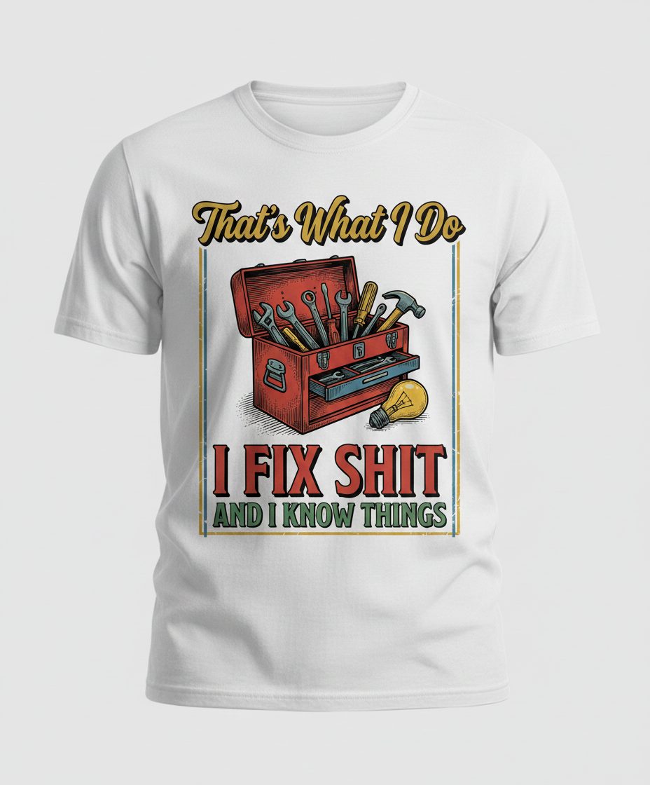 That's What I Do I Fix Shit and I Know Things Funny Handyman T-Shirt - product mockup - White