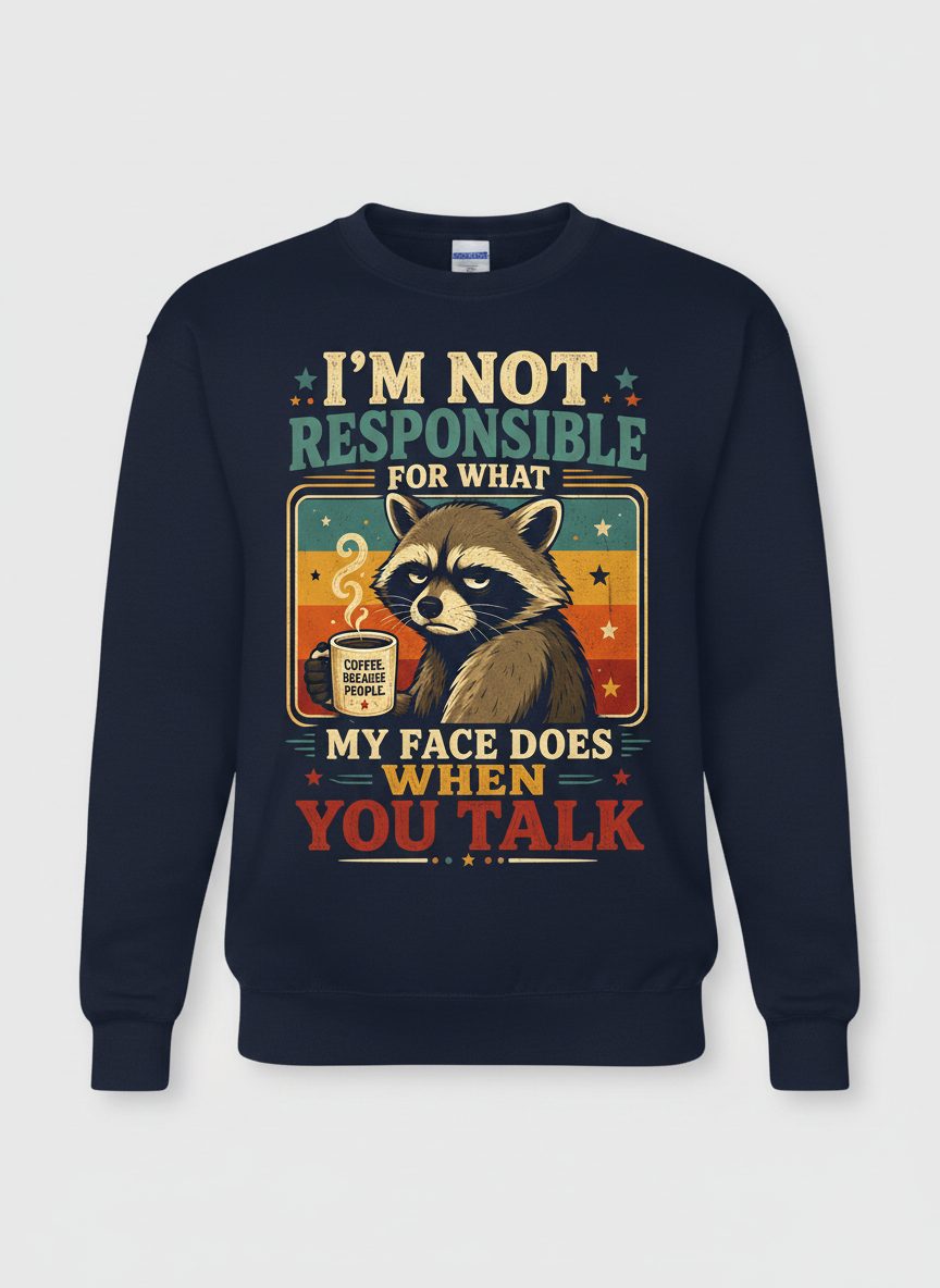 I'm Not Responsible for What My Face Does When You Talk Funny Sarcastic Raccoon Sweatshirt - product mockup - Navy