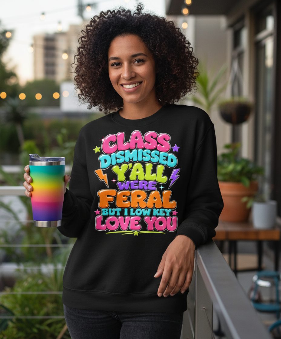 Class Dismissed Y'all Were Feral but I Low Key Love You Sweatshirt - lifestyle model mockup - Black