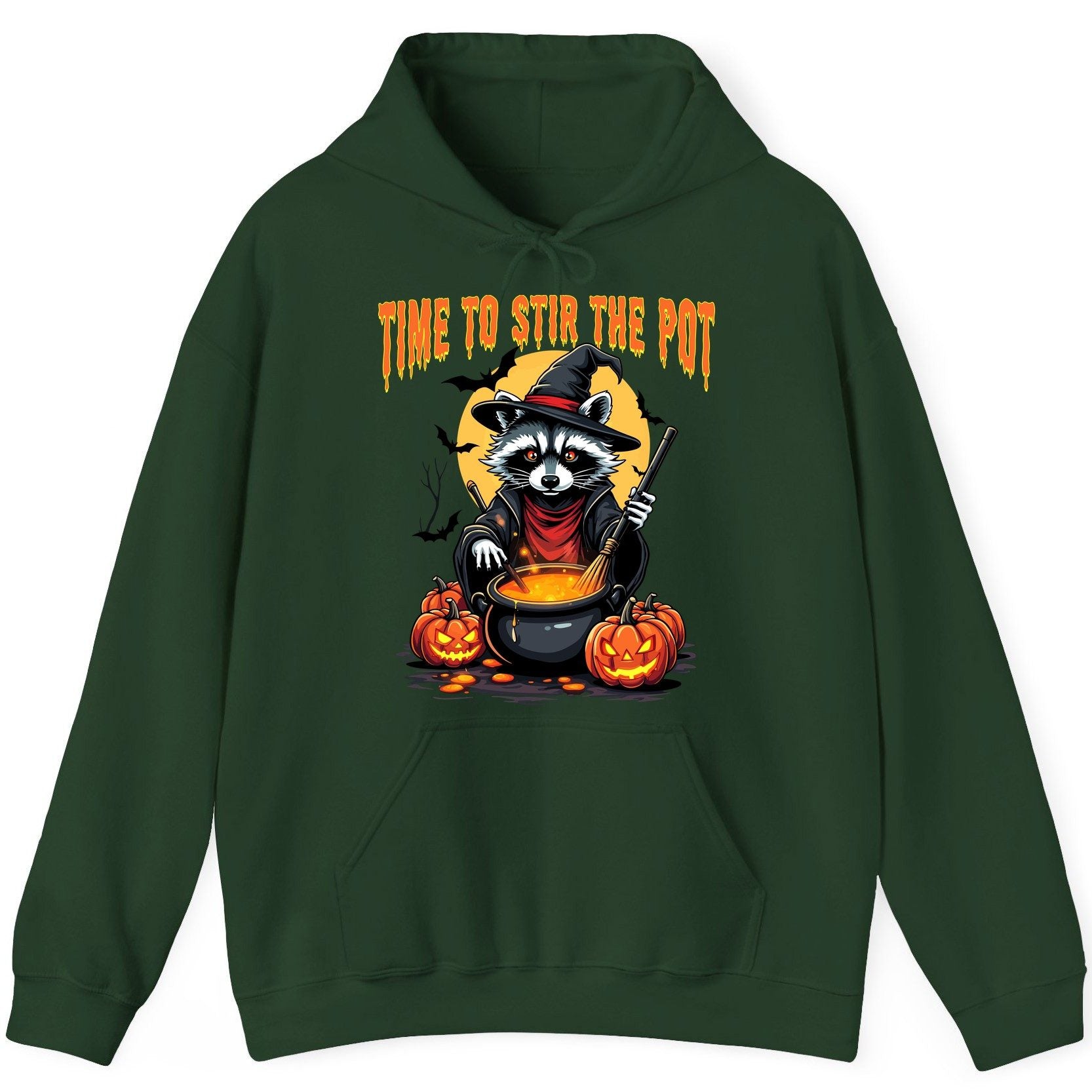 Time to Stir the Pot Halloween raccoon Hoodie Forest Green product mockup