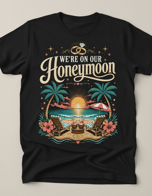 We're on Our Honeymoon Retro Newlyweds T-Shirt - product mockup - Black