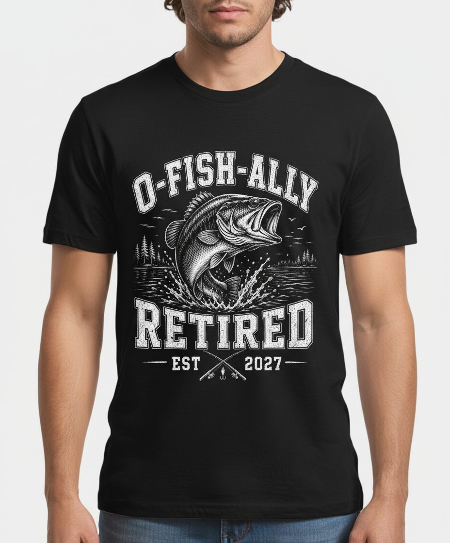 O-Fish-Ally Retired EST 2027 Funny Fishing T-Shirt - product mockup - Black