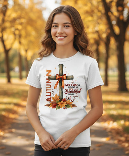 Autumn Is God's Way of Showing US How Beautiful Change Can Be christian autumn Youth T-Shirt White lifestyle mockup