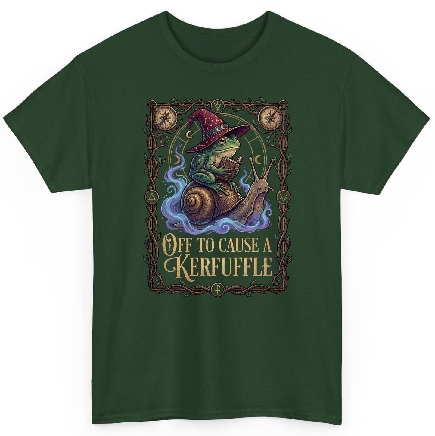 Off to Cause a Kerfuffle frog wizard T-Shirt Forest Green product mockup