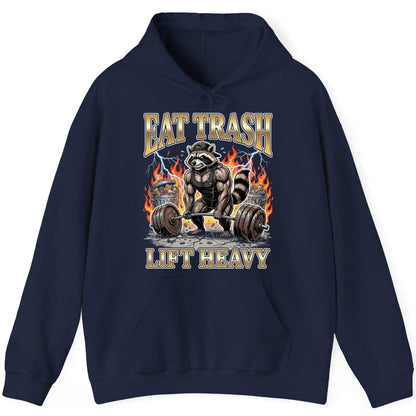 Eat Trash Lift Heavy weightlifting raccoon Hoodie Navy product mockup