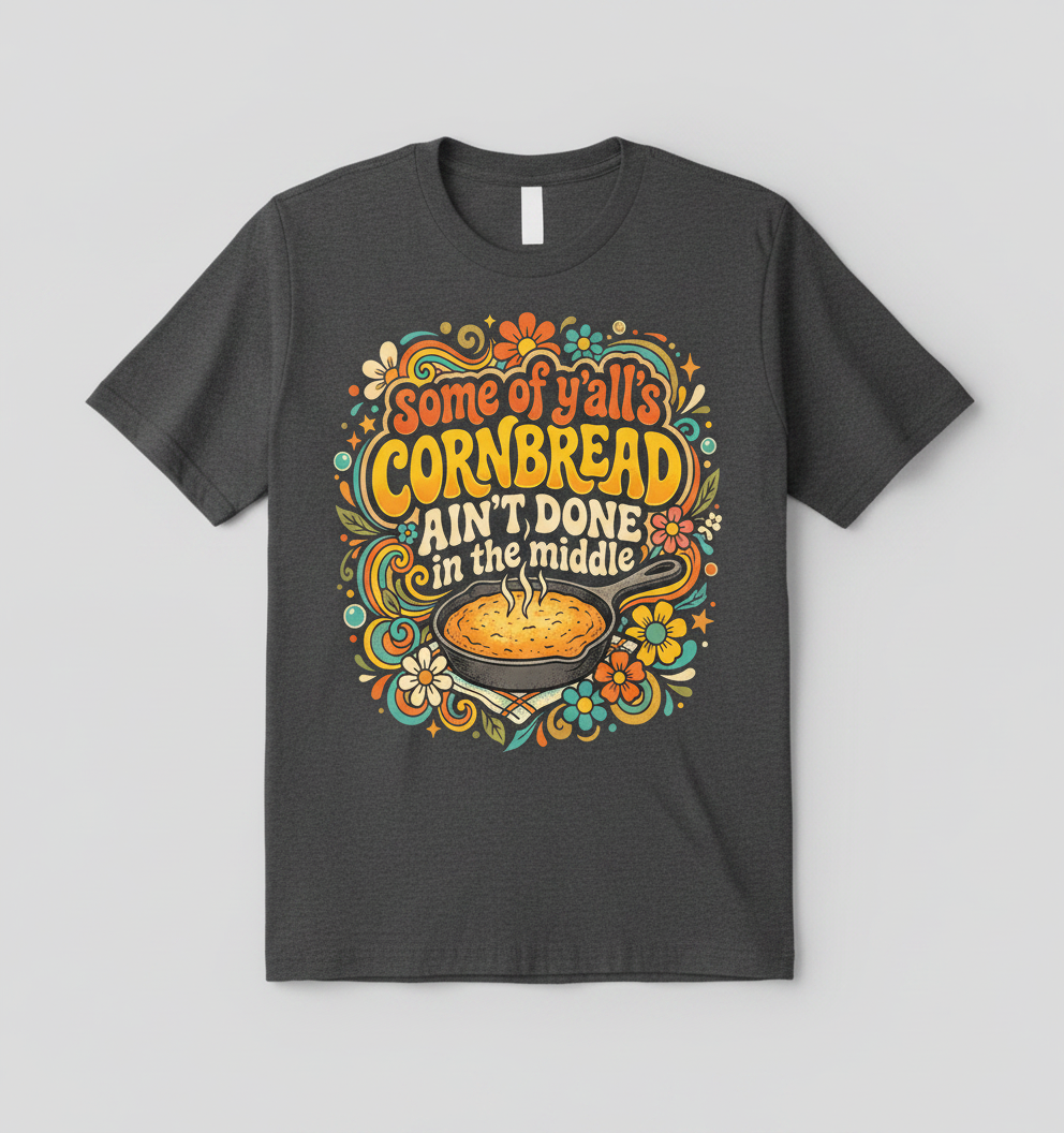 Funny Southern Saying 'Cornbread Ain't Done' Retro 70s Design T-Shirt - Dark Heather