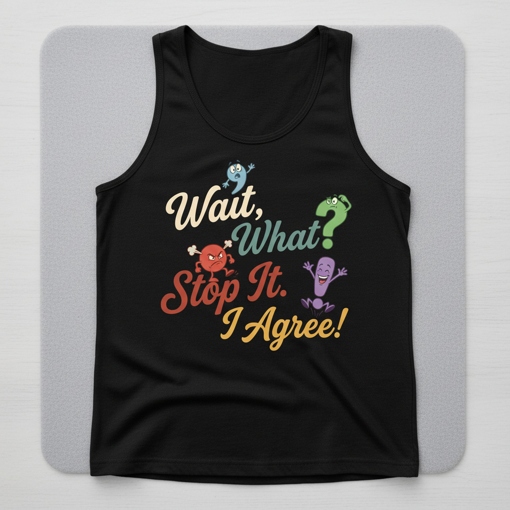Wait What Stop It I Agree Funny Punctuation Humor Tank Top - Black