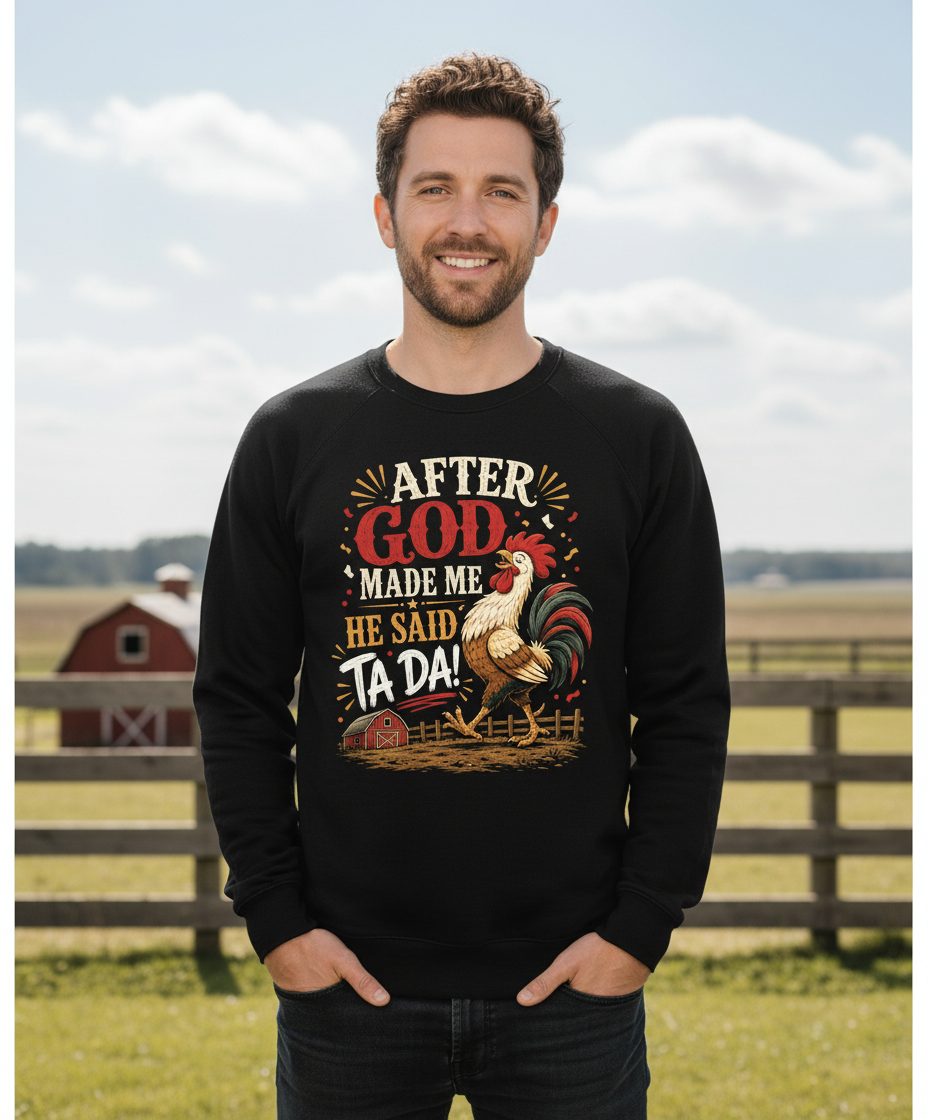 AFTER GOD MADE ME HE SAID TA DA Funny Rooster Sweatshirt - lifestyle model mockup - Black