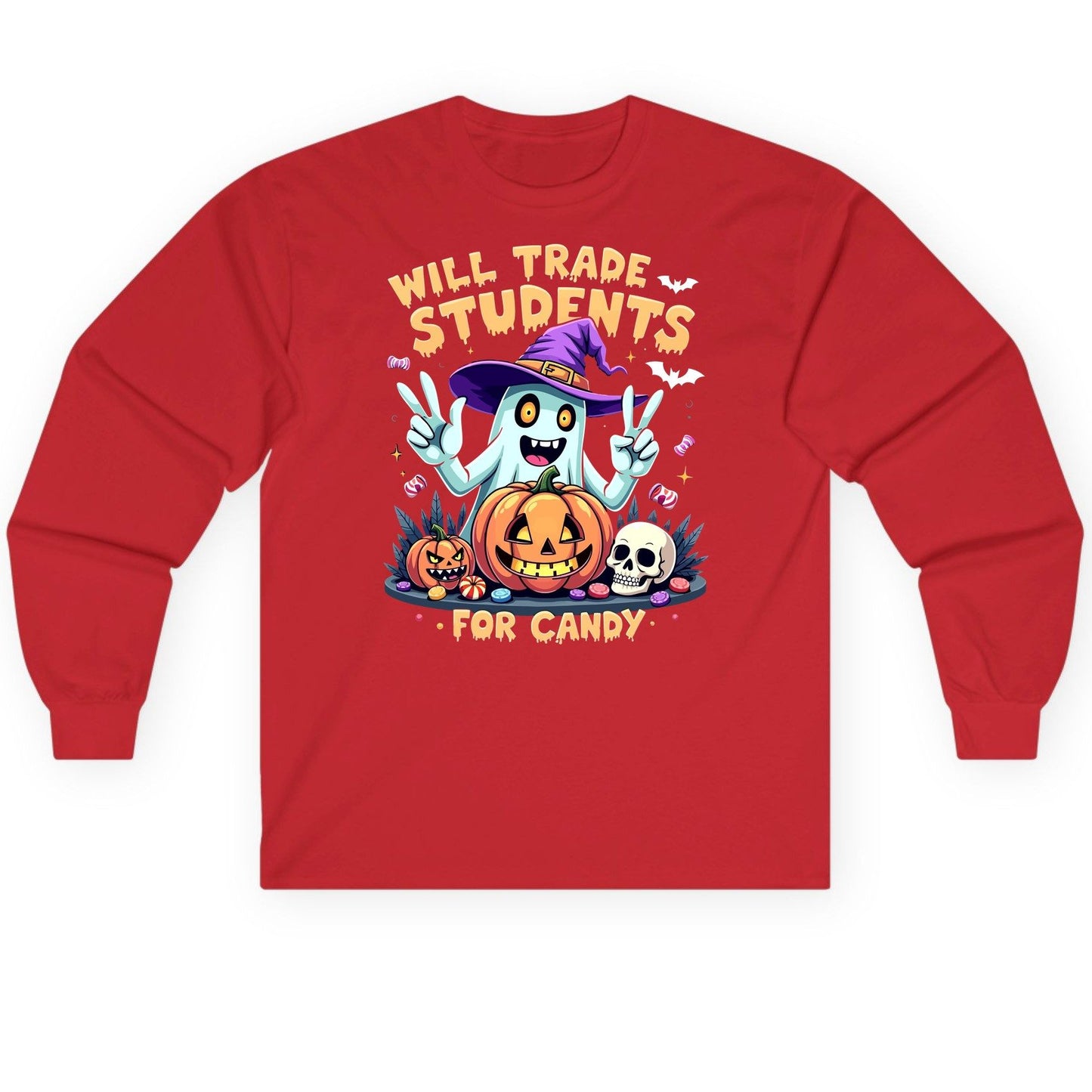 Will Trade Students for Candy teacher humor Long Sleeve Tee Red product mockup